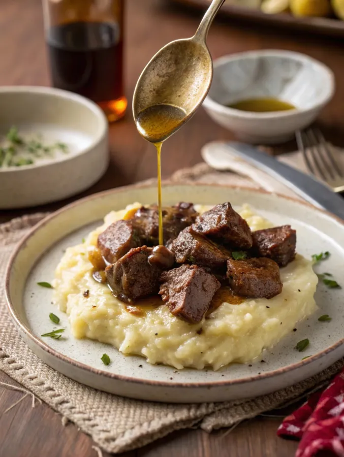 Crock-pot steak bites served over mashed potatoes