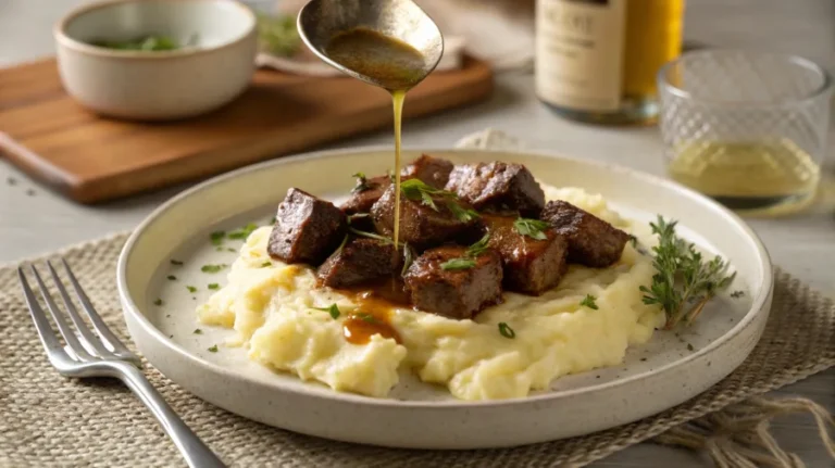 Crock-pot steak bites served over mashed potatoes