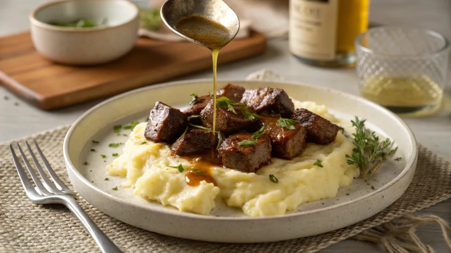 Crock-pot steak bites served over mashed potatoes