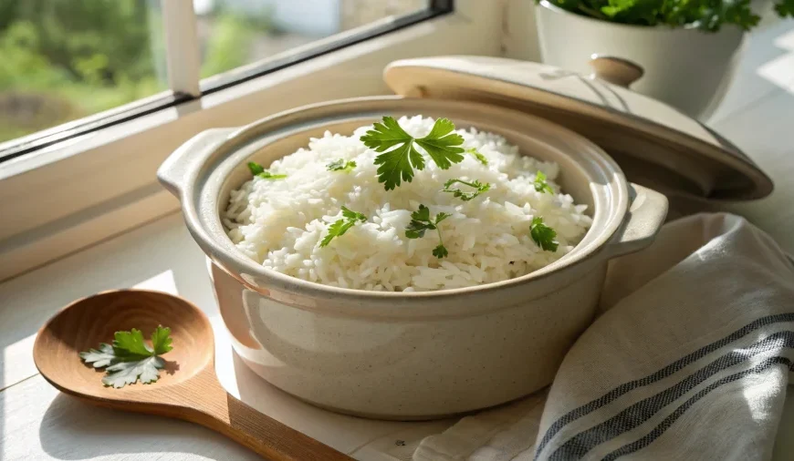 Cooked white rice from a crock pot in bowl