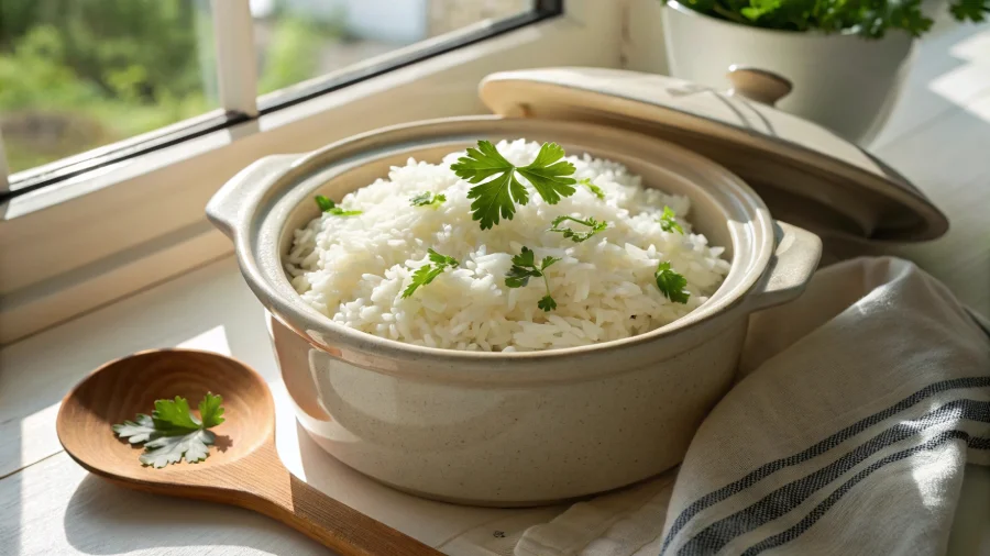 Cooked white rice from a crock pot in bowl