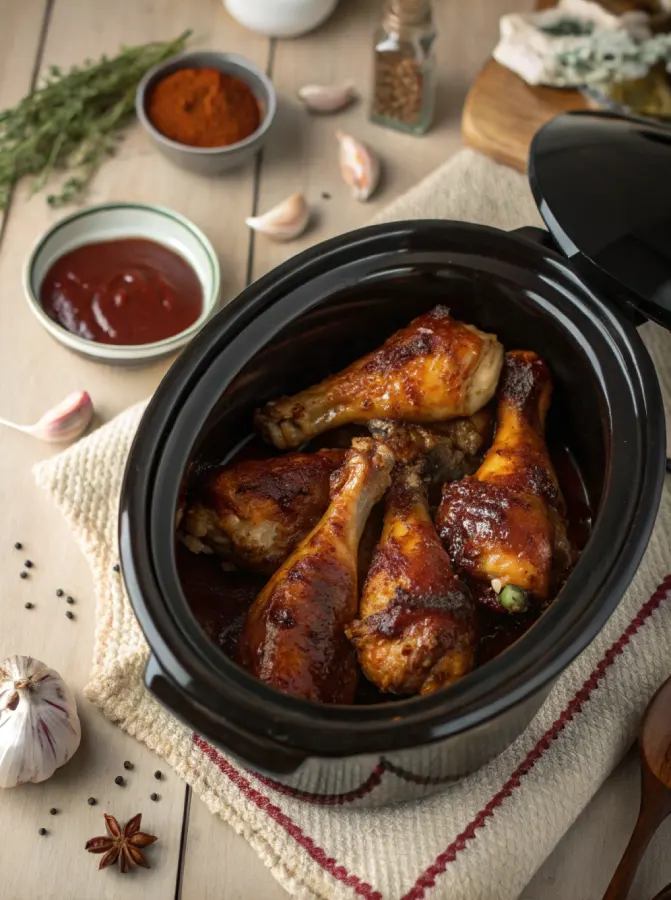 BBQ chicken legs in crock pot slow cooking