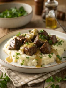 Crock pot steak bites served with mashed potatoes and garlic butter sauce