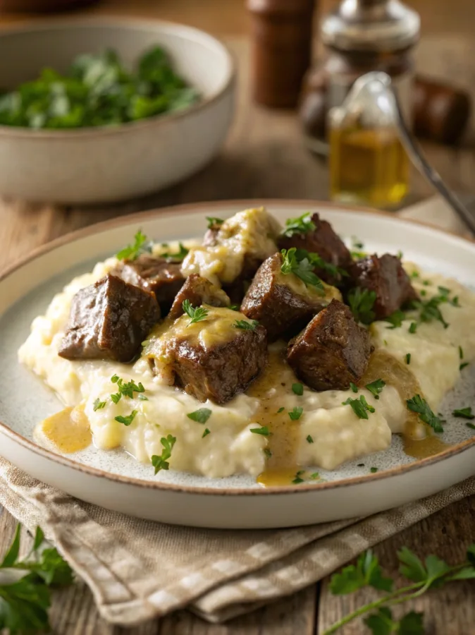 Crock pot steak bites served with mashed potatoes and garlic butter sauce