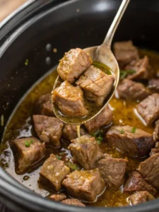 Finished crock-pot steak bites in garlic butter sauce