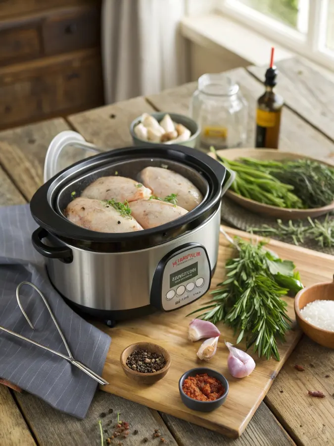 frozen chicken in crock pot cooking setup