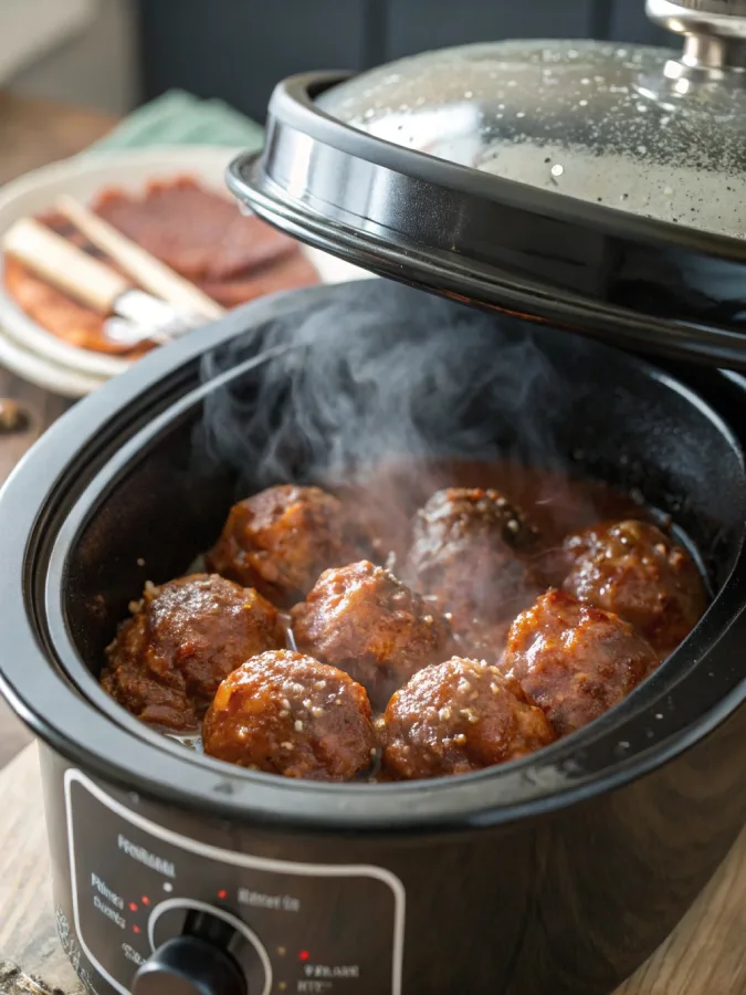 frozen meatballs cooking in crock pot