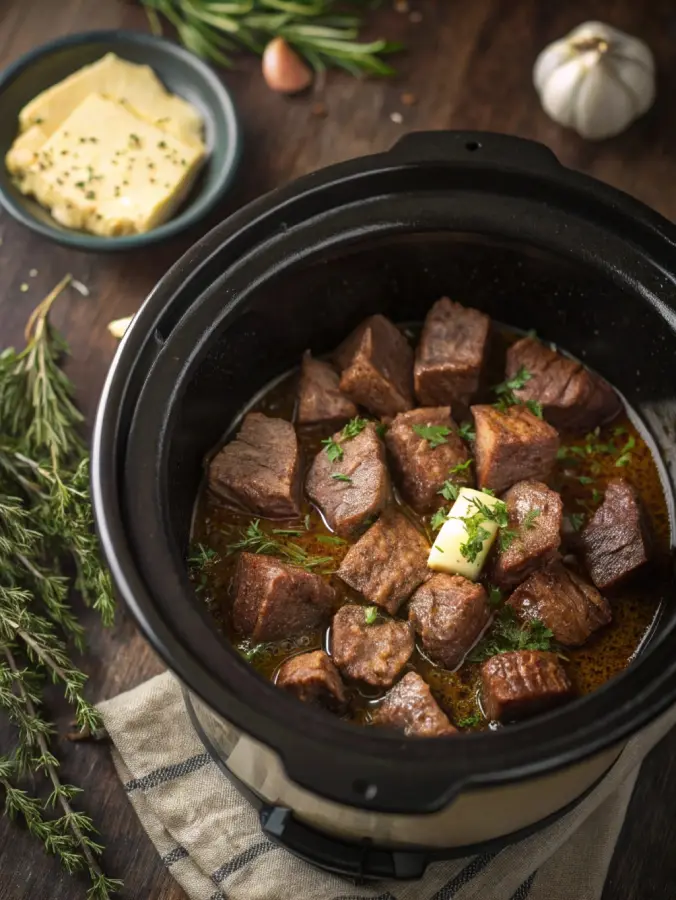 Garlic butter steak bites slow cooking in crock pot