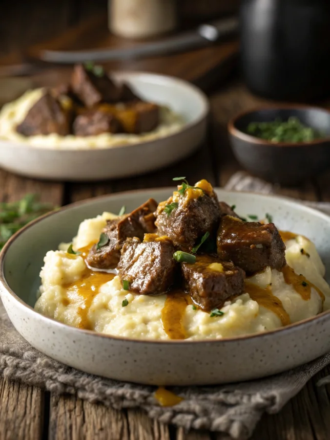 Garlic butter crock pot steak bites with mashed potatoes