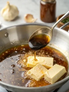Garlic butter sauce bubbling in a saucepan
