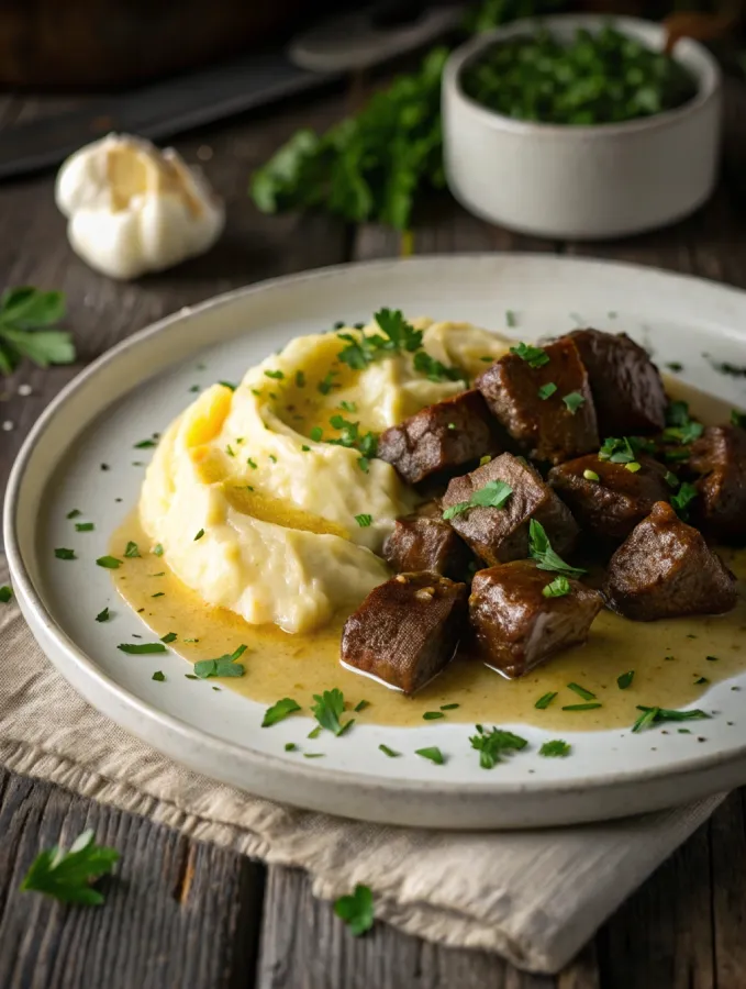 Garlic butter steak bites crock pot with mashed potatoes and parsley