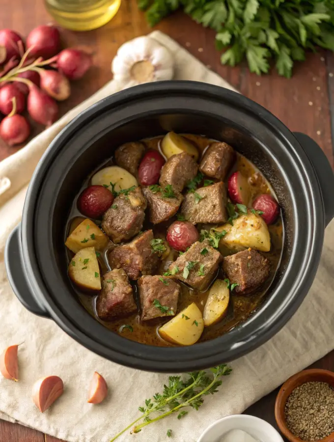 Garlic butter steak bites with potatoes in crock pot