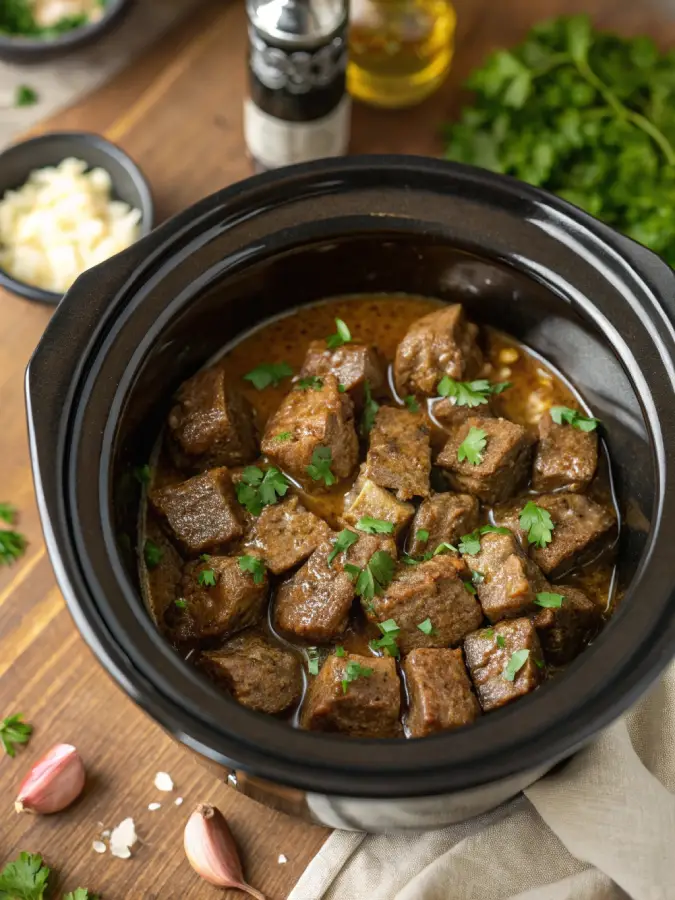 Garlic butter steak bites slow cooked in crock pot