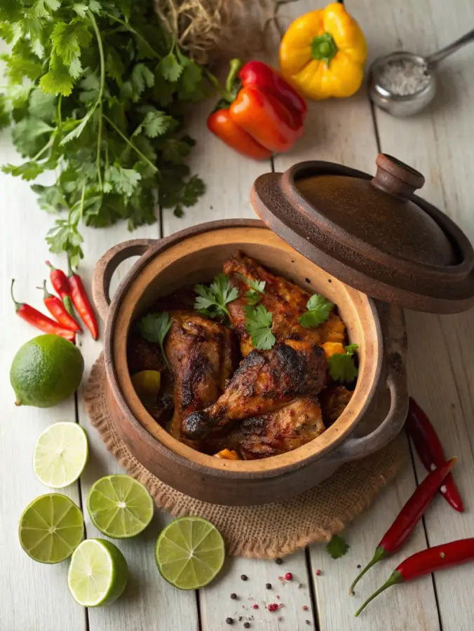 Jerk chicken in a crock pot with fresh herbs and spices