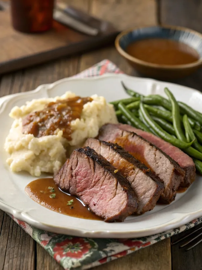 Sliced London broil served with mashed potatoes and green beans