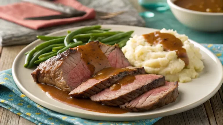 Sliced London broil served with mashed potatoes and green beans