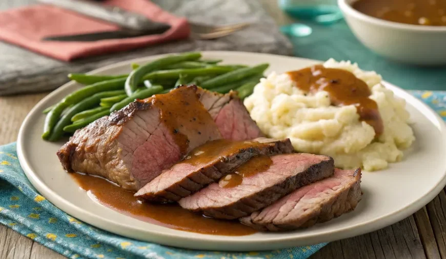 Sliced London broil served with mashed potatoes and green beans