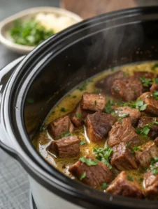 Crock pot set to LOW with steak bites slow cooking inside
