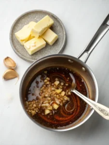 Garlic butter sauce simmering in a pan with melted butter and minced garlic