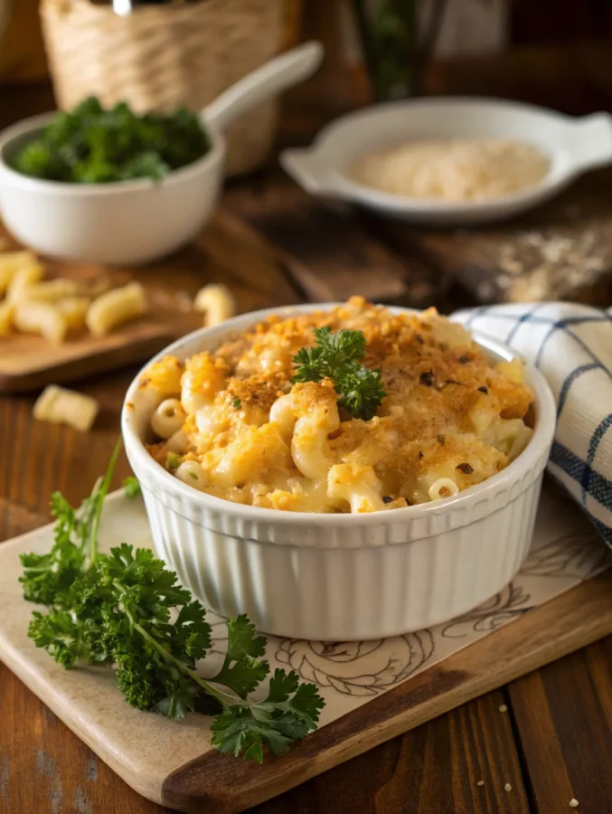 Paula Deen crock pot mac and cheese in white dish