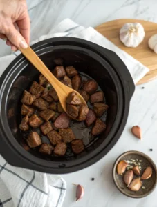 Steak bites being transferred to crock pot with garlic