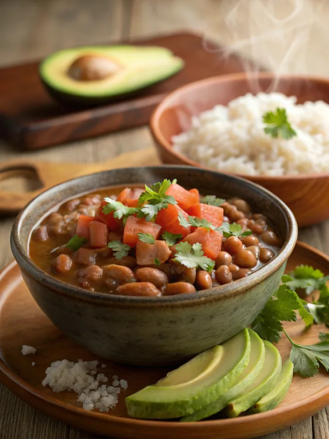 Bowl of crock pot pinto beans with toppings
