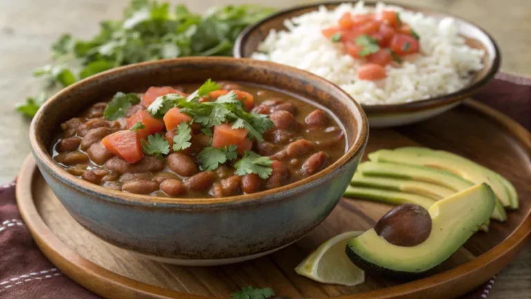 Bowl of crock pot pinto beans with toppings