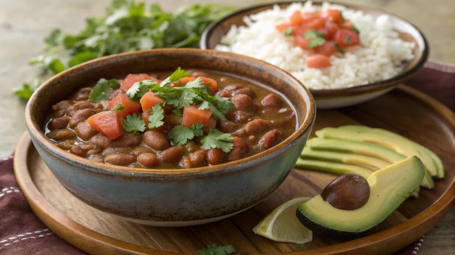 Bowl of crock pot pinto beans with toppings