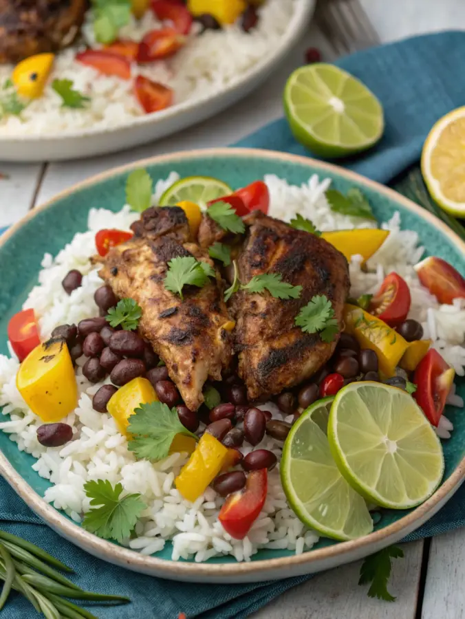 Slow-cooked jerk chicken served with rice and beans