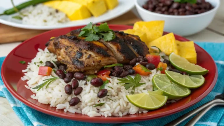 Slow-cooked jerk chicken served with rice and beans