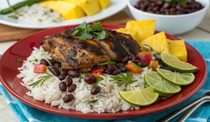 Slow-cooked jerk chicken served with rice and beans