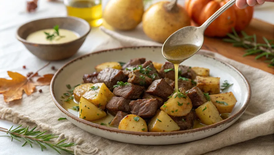Garlic butter steak bites and potatoes served on plate