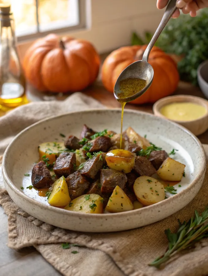 Garlic butter steak bites and potatoes served on plate