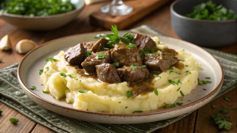 Serving garlic butter steak bites over mashed potatoes