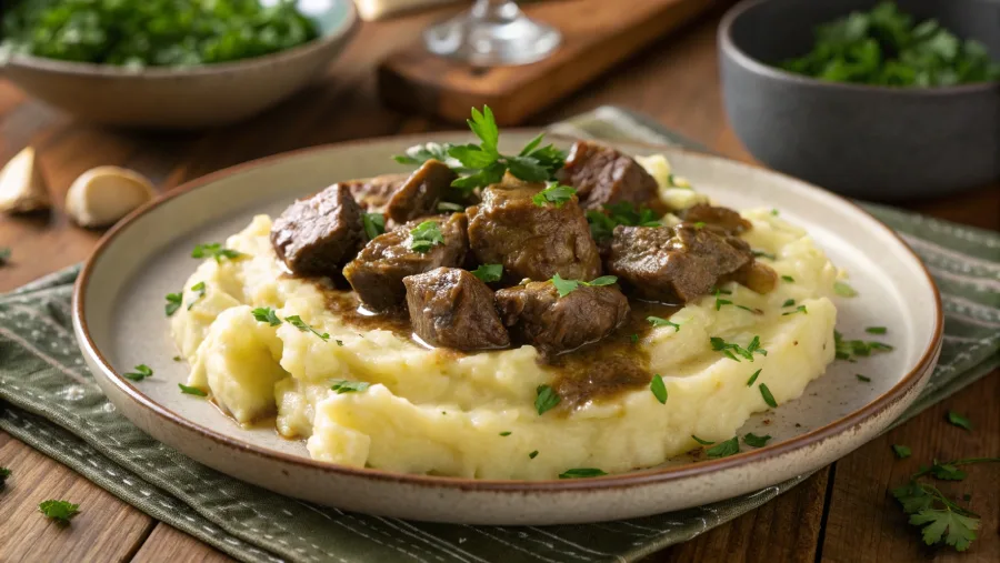 Serving garlic butter steak bites over mashed potatoes