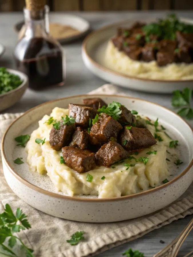 Steak bites in crock pot served with mashed potatoes