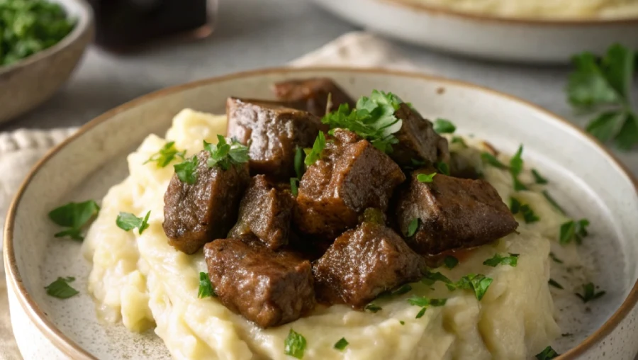 Steak bites in crock pot served with mashed potatoes