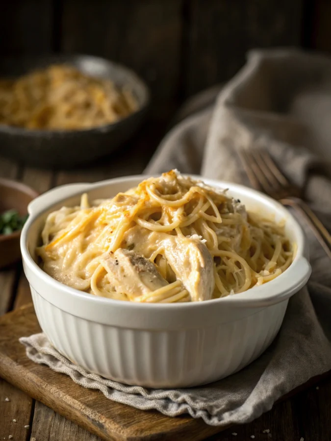 Spaghetti crock pot chicken in white bowl