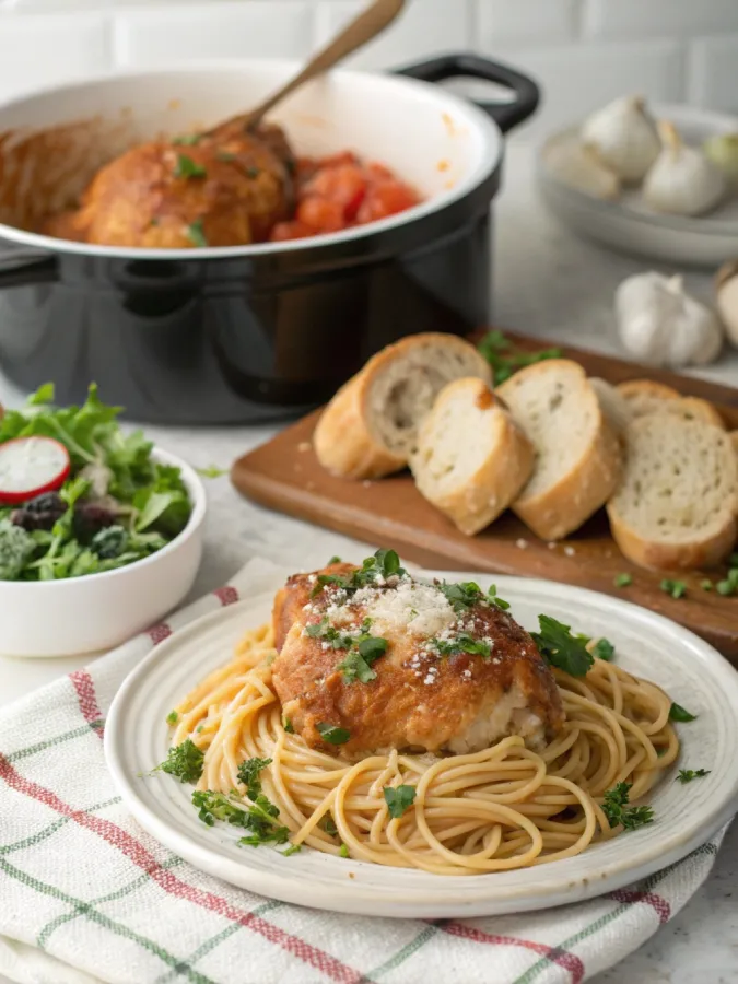 Plated spaghetti crock pot chicken