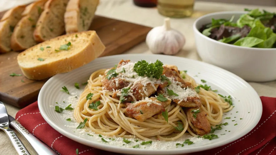 Plated spaghetti crock pot chicken