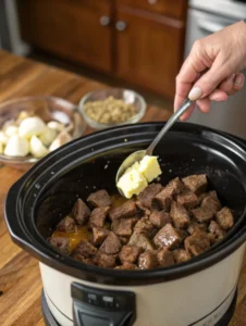 Seared steak bites being placed into a crock pot with herbs and garlic nearby