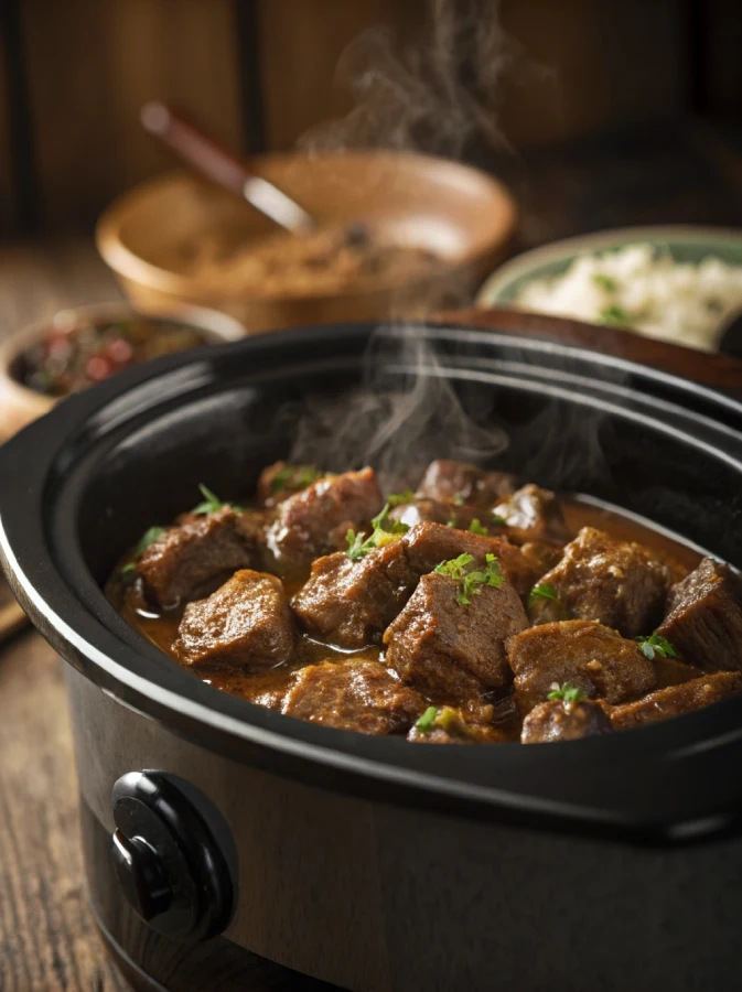 Steak bites in crock pot served hot