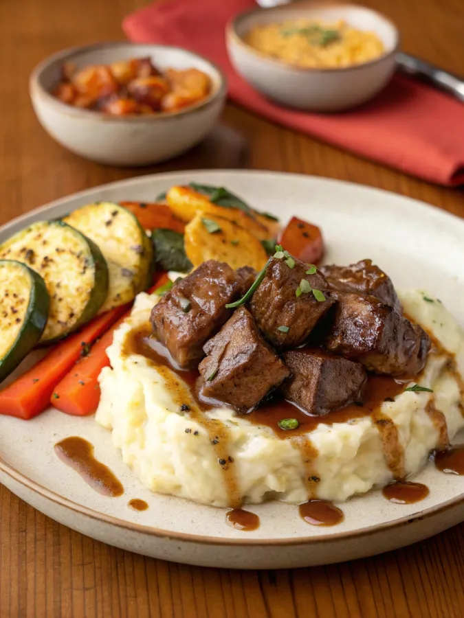 Garlic butter steak bites in crock pot served over mashed potatoes