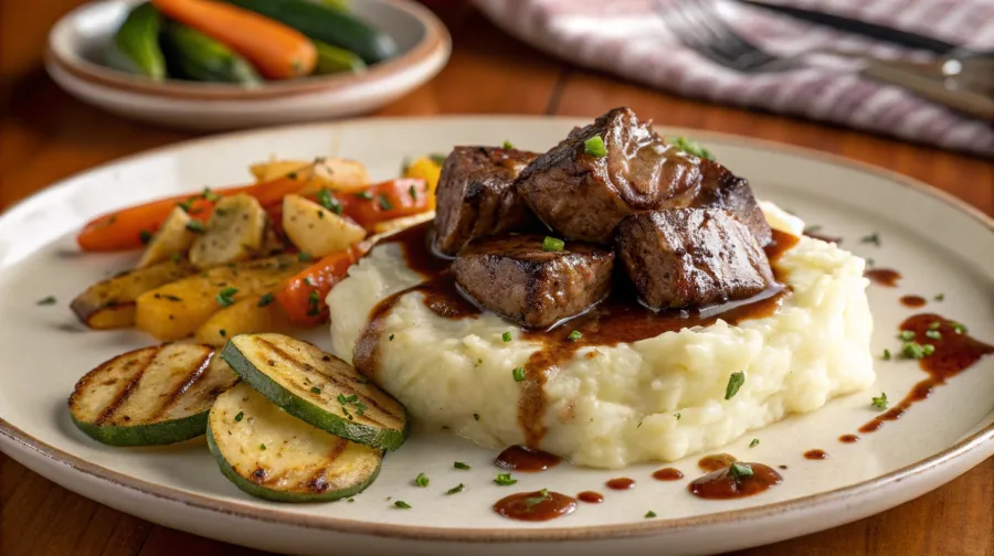 Garlic butter steak bites served over mashed potatoes