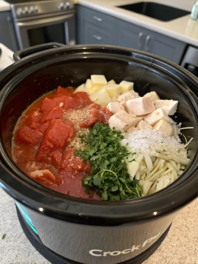 raw ingredients in crock pot for chicken parmesan soup