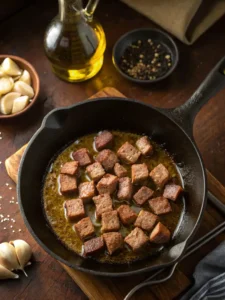 Steak bites browning in olive oil