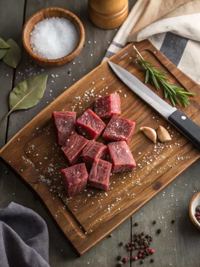 Steak cubes seasoned with salt and pepper on cutting board