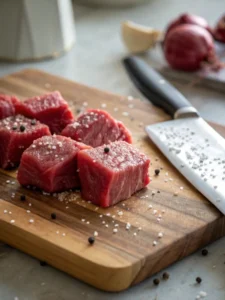 Raw sirloin steak cubes seasoned with salt and pepper