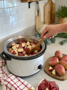 Red potatoes layered in crock pot base