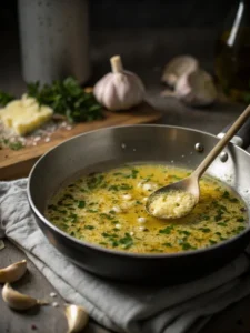 Garlic butter sauce in saucepan ready for pouring